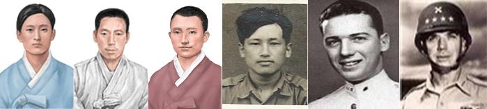 (왼쪽부터) 박하균 선생, 강달룡 선생, 박내홍 선생, 김광수 육군대위, 밴 플리트 미 육군대장, 밴플리트2세 미 공군대위.