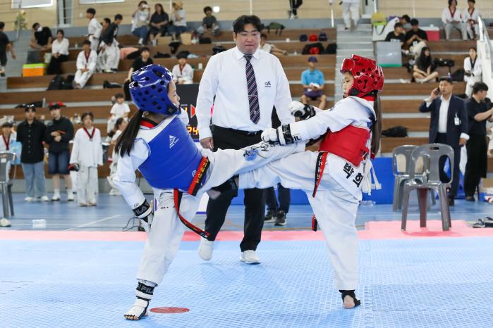 제13회 공군교육사령관배 태권도대회 참가선수들이 겨루기를 하고 있다. 부대 제공
