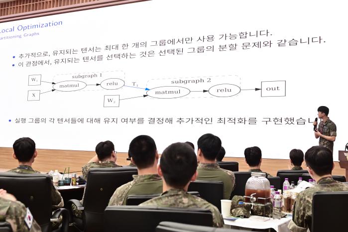 공군지능정보체계관리단이 9일 계룡대 공군본부 대회의실에서 ‘제1회 데브데이(Developer Day·개발자의 날)’를 개최한 가운데 체계단 손량 병장이 발표하고 있다. 공군 제공