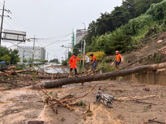 전남광주·부산·경남 지역에 주말 사이 집중호우가 이어진 가운데, 소방대원들이 17일 경남 거제시 연초면 인근 야산에서 흘러내린 흙과 모래에 발이 빠져 움직이지 못하던 시민을 구조하고 있다. 연합뉴스