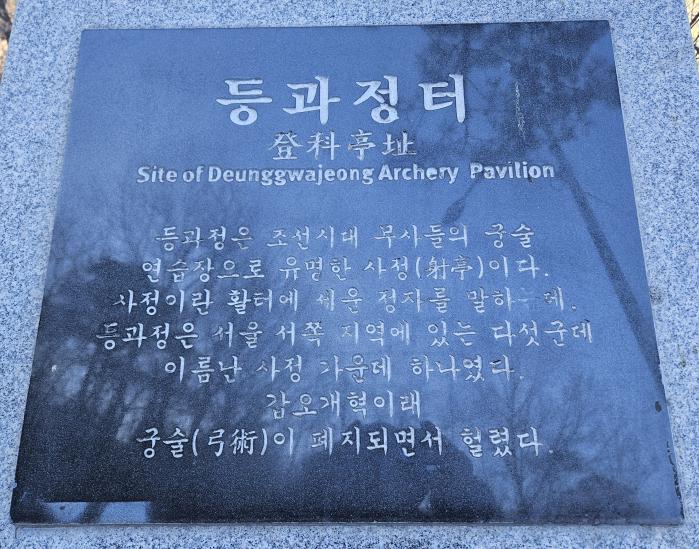 황학정 입구에 등과정 터가 있었음을 기록한 석비.